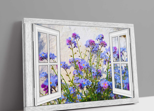 Window frame Canvas Print. Forget me nots, white stone wall background.