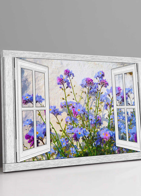 Window frame Canvas Print. Forget me nots, white stone wall background.