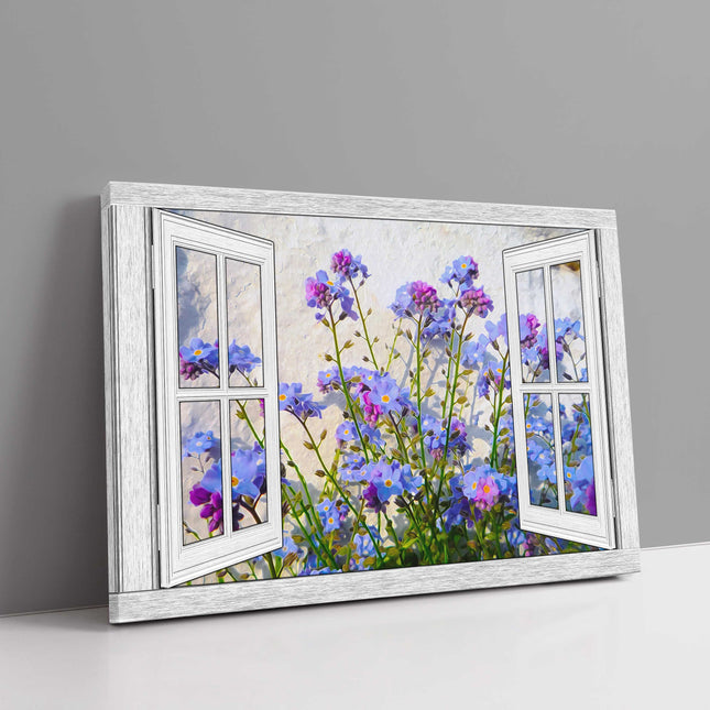 Window frame Canvas Print. Forget me nots, white stone wall background.