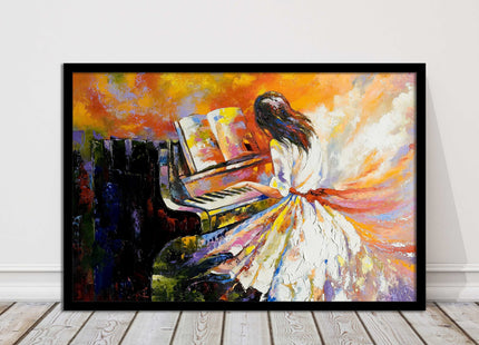 Girl playing the piano. Oil painting printed Framed picture choice of colours