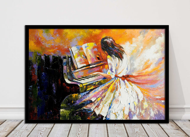 Girl playing the piano. Oil painting printed Framed picture choice of colours