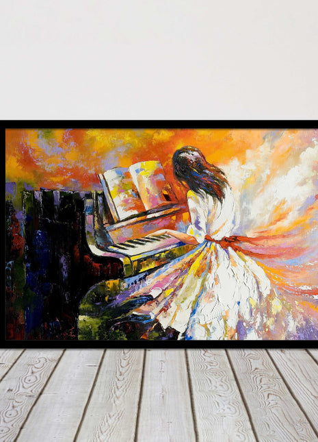 Girl playing the piano. Oil painting printed Framed picture choice of colours
