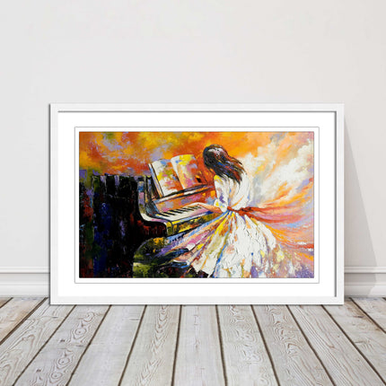 Girl playing the piano. Oil painting printed Framed picture choice of colours