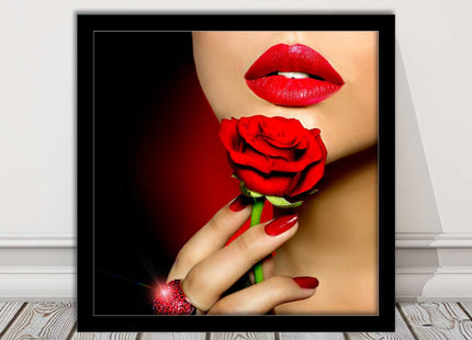 Red lips and rose. Framed picture print. A choice of frames and sizes, square.
