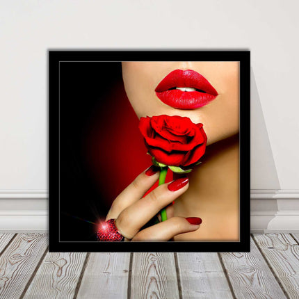 Red lips and rose. Framed picture print. A choice of frames and sizes, square.