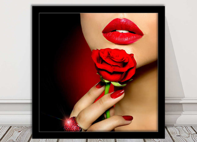 Red lips and rose. Framed picture print. A choice of frames and sizes, square.