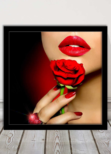 Red lips and rose. Framed picture print. A choice of frames and sizes, square.