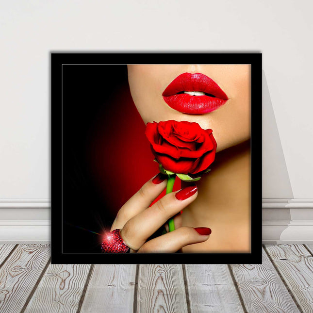 Red lips and rose. Framed picture print. A choice of frames and sizes, square.