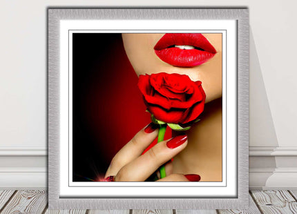Red lips and rose. Framed picture print. A choice of frames and sizes, square.