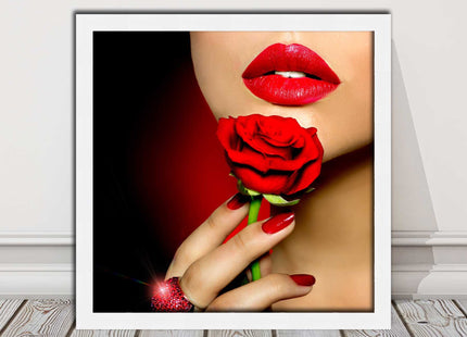 Red lips and rose. Framed picture print. A choice of frames and sizes, square.