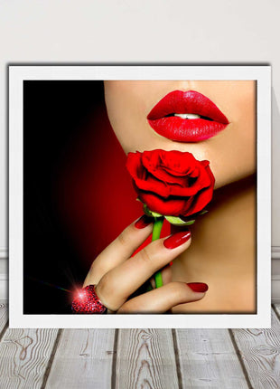 Red lips and rose. Framed picture print. A choice of frames and sizes, square.