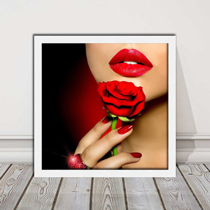Red lips and rose. Framed picture print. A choice of frames and sizes, square.