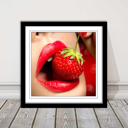 Strawberry red lips eating framed picture print with choice frame colours
