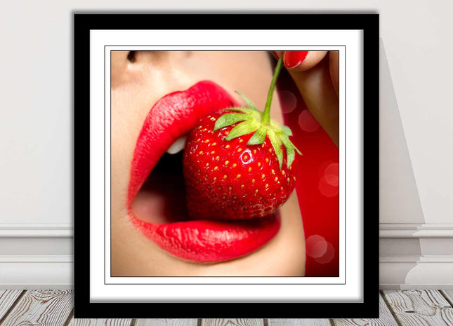 Strawberry red lips eating framed picture print with choice frame colours