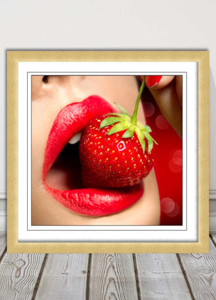 Strawberry red lips eating framed picture print with choice frame colours