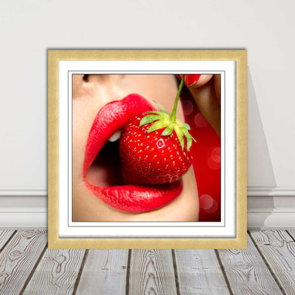 Strawberry red lips eating framed picture print with choice frame colours