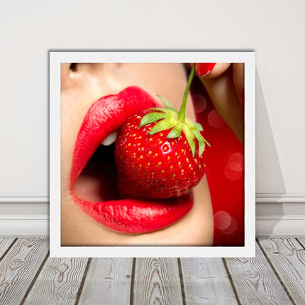Strawberry red lips eating framed picture print with choice frame colours