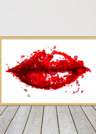 Red lips, colour splash painting print. Framed picture print change colours