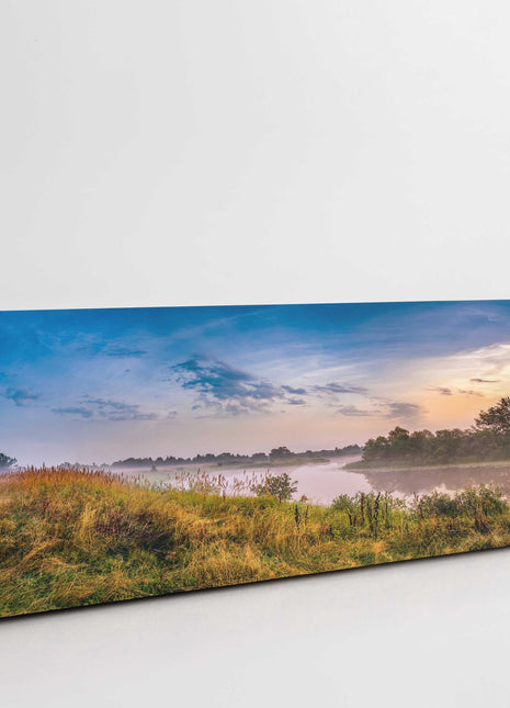 River in the countryside. Sunrise and morning mist. Panoramic canvas picture.