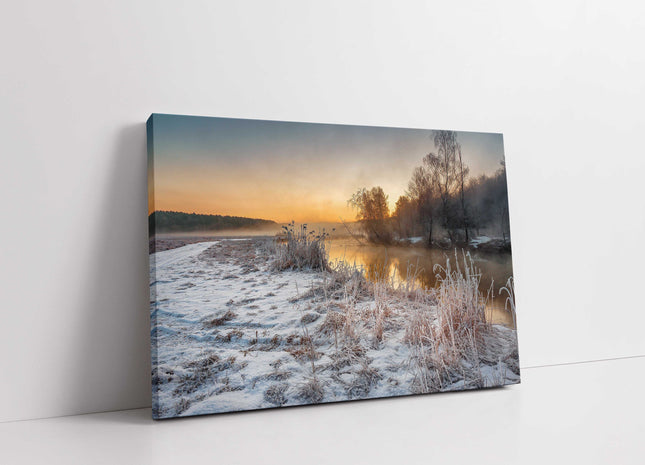 Winter scenery. Snow covered countryside. Printed canvas picture.
