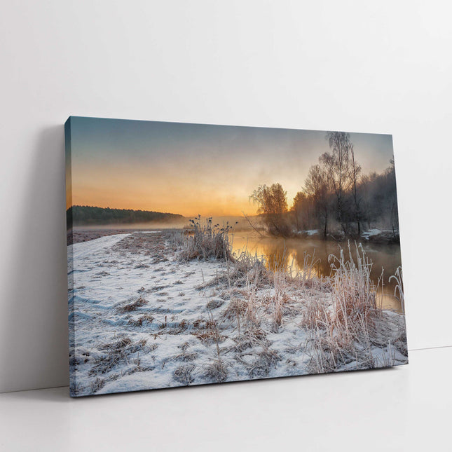 Winter scenery. Snow covered countryside. Printed canvas picture.