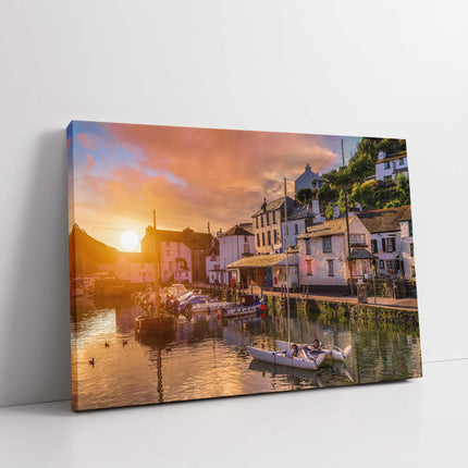 Polperro, fishing village at sunset, Cornwall harbour canvas picture print