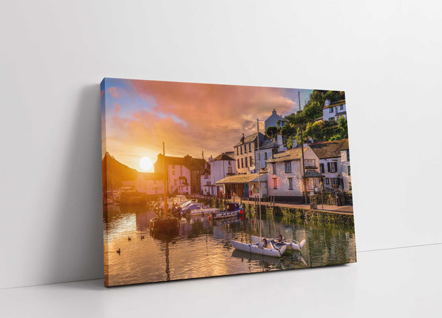 Polperro, fishing village at sunset, Cornwall harbour canvas picture print