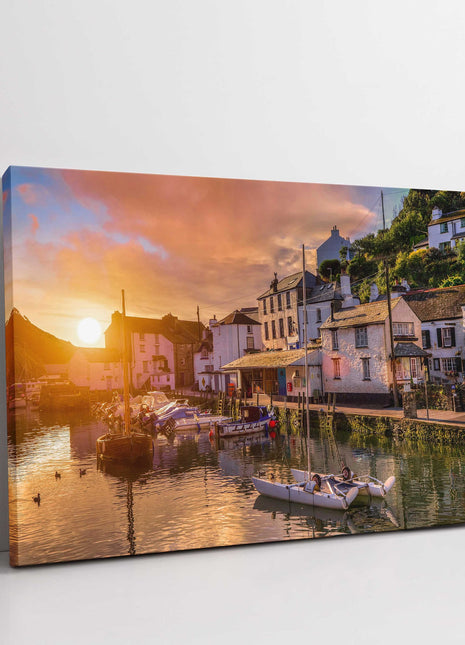 Polperro, fishing village at sunset, Cornwall harbour canvas picture print