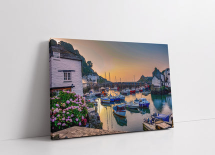 Polperro, fishing harbour at sunset, Cornwall canvas picture print landscape