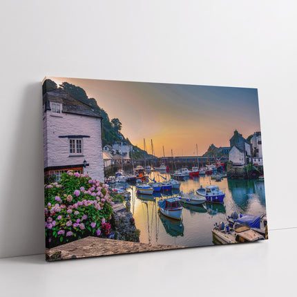 Polperro, fishing harbour at sunset, Cornwall canvas picture print landscape