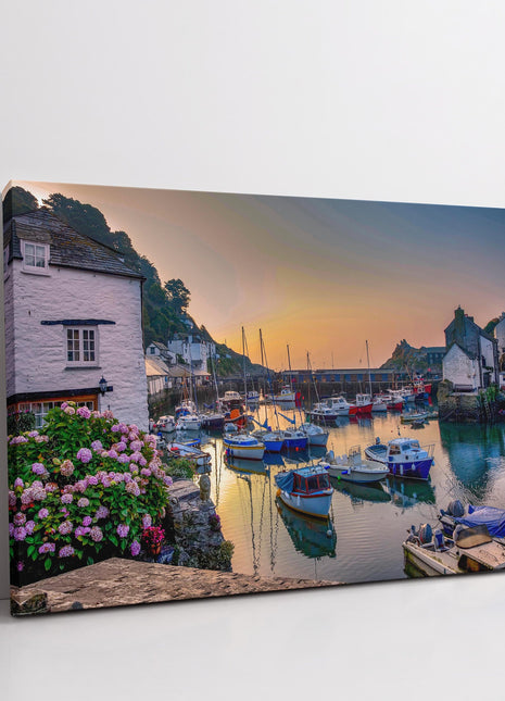 Polperro, fishing harbour at sunset, Cornwall canvas picture print landscape