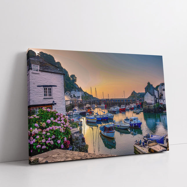 Polperro, fishing harbour at sunset, Cornwall canvas picture print landscape