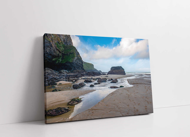 Mawgan Porth Beach at low tide Cornwall. Canvas picture print seascape landscape