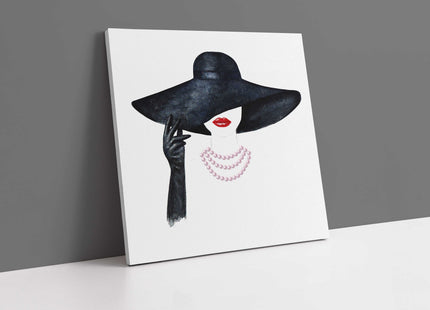Stylish woman image in black hat red lips canvas picture print