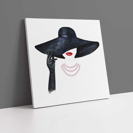 Stylish woman image in black hat red lips canvas picture print