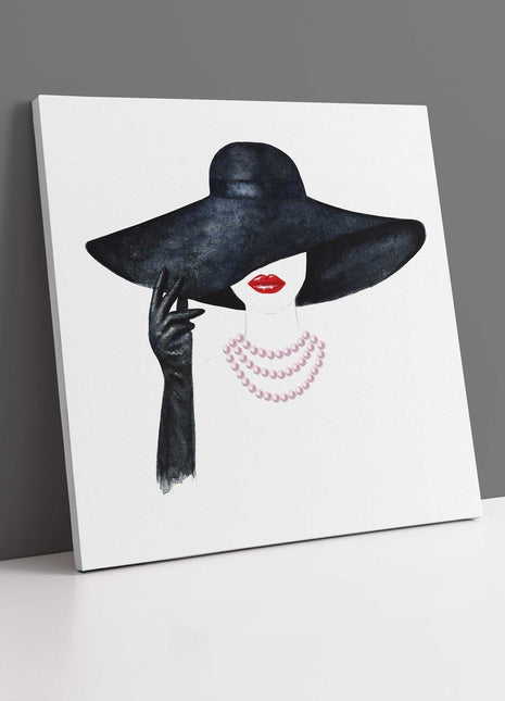 Stylish woman image in black hat red lips canvas picture print