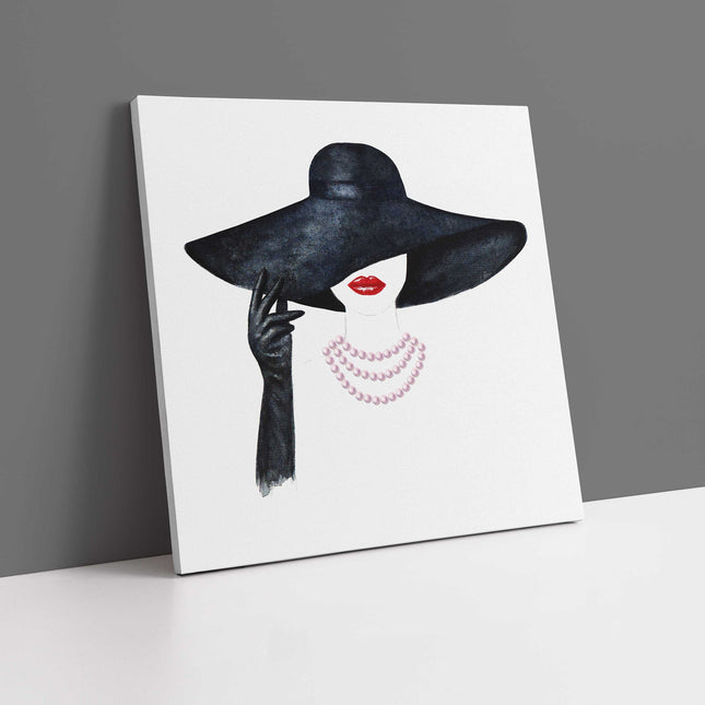 Stylish woman image in black hat red lips canvas picture print