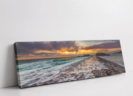 Bude Breakwater at sunset, Cornwall. Panoramic canvas picture print. Beautiful