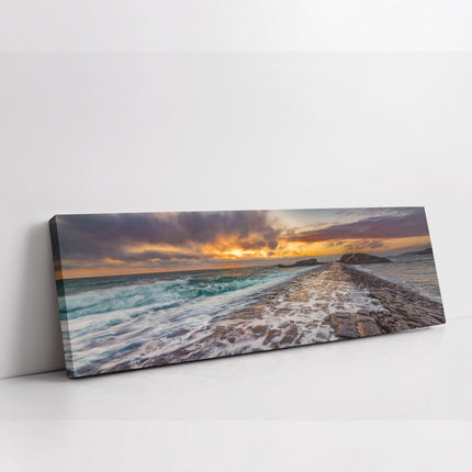 Bude Breakwater at sunset, Cornwall. Panoramic canvas picture print. Beautiful