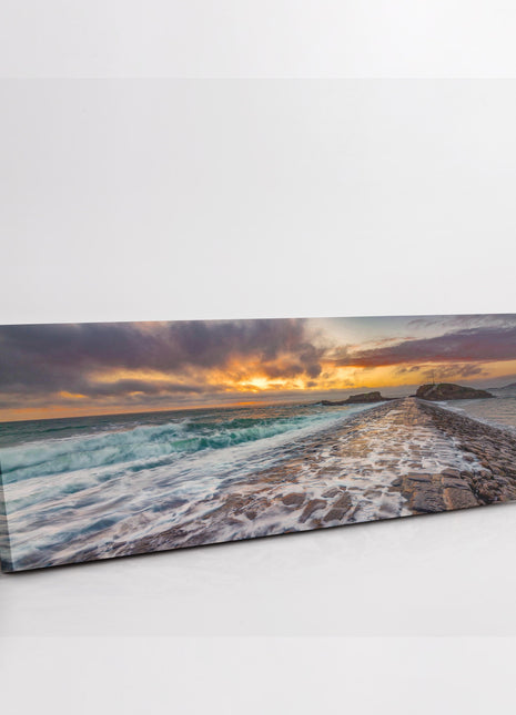 Bude Breakwater at sunset, Cornwall. Panoramic canvas picture print. Beautiful
