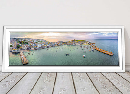 St Ives, Cornwall, aerial. Framed, Panoramic picture. A choice of frame colours.