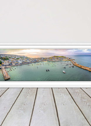 St Ives, Cornwall, aerial. Framed, Panoramic picture. A choice of frame colours.