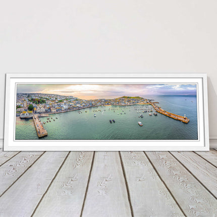 St Ives, Cornwall, aerial. Framed, Panoramic picture. A choice of frame colours.