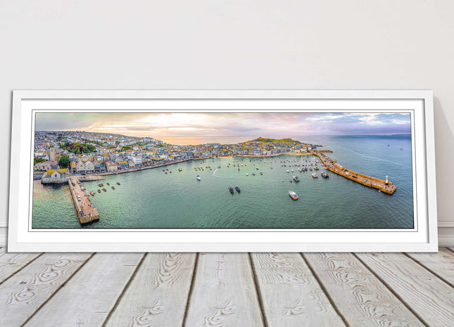 St Ives, Cornwall, aerial. Framed, Panoramic picture. A choice of frame colours.