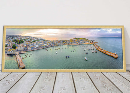 St Ives, Cornwall, aerial. Framed, Panoramic picture. A choice of frame colours.