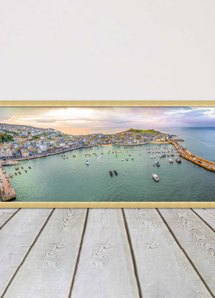 St Ives, Cornwall, aerial. Framed, Panoramic picture. A choice of frame colours.