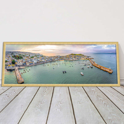 St Ives, Cornwall, aerial. Framed, Panoramic picture. A choice of frame colours.