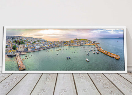 St Ives, Cornwall, aerial. Framed, Panoramic picture. A choice of frame colours.