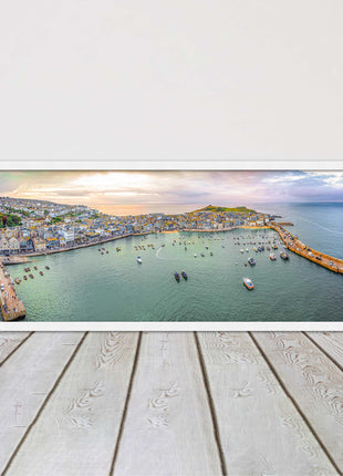 St Ives, Cornwall, aerial. Framed, Panoramic picture. A choice of frame colours.