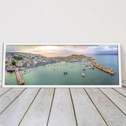 St Ives, Cornwall, aerial. Framed, Panoramic picture. A choice of frame colours.